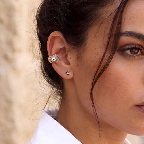 Gold Ear Cuff for Women Non Piercing | Cuff Earrings, 14K Gold Plated, Colorful Cubic Zirconia Pave, Pearl, Clover, Cartilage Earrings Trendy Jewelry, Single - color: Multi-color A