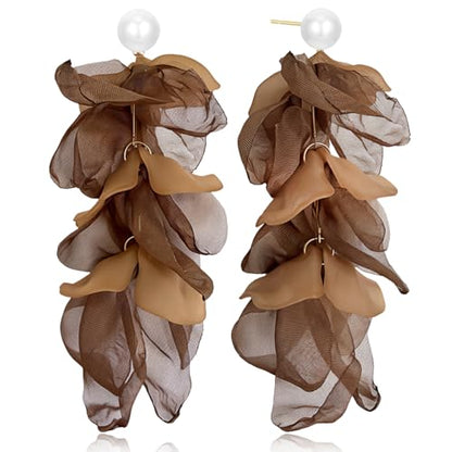 Handmade Bohemian Lightweight Fabric Flower Dangle Drop Earrings Chic Pearl Large Tassel Petal Stud Earrings For Women - color: Brown