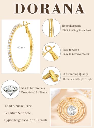 3mm 925 Sterling Silver Big Cubic Zirconia Hoop Earrings for Women Large Rhinestone Hoop Earrings 14K Gold Plated Hypoallergenic Lightweight 30mm/40mm/50mm/60mm - color: Gold-40mm