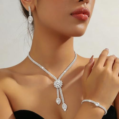 4 Pieces Cubic Zirconia Wedding Jewelry Sets for Bride Rhinestone Bridal Jewelry Set Necklace Bracelet Earring Ring for Brides Bridesmaid for Wedding Party - color: 3 PCS-Silver