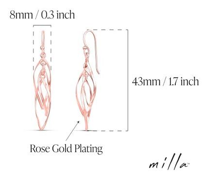 Milla Dainty Silver Drop Earrings for Women and Dangling Gold Earrings | Hypoallergenic, Easy to Wear, Available in 14K Gold, Rose Gold, or Silver Plated Finish, Different Designs - color: Linear Swirl / Rose Gold Plated