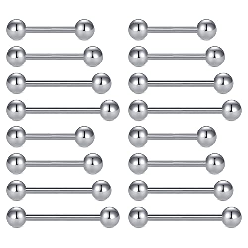 Mayhoop 14G Stainless Steel Nipple Rings Tongue Rings Straight Barbell Bars Piercing 12mm 14mm 16mm 18mm in Length for Women Men - color: 16pcs,silver(Ball)