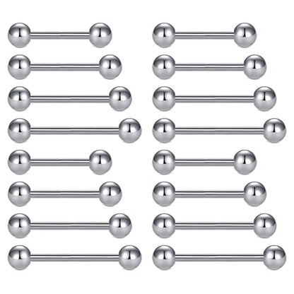 Mayhoop 14G Stainless Steel Nipple Rings Tongue Rings Straight Barbell Bars Piercing 12mm 14mm 16mm 18mm in Length for Women Men - color: 16pcs,silver(Ball)