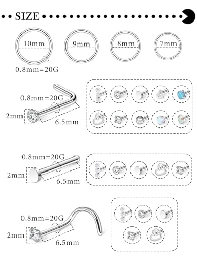 Hoeudjo Hinged Nose Rings Hoop Surgical Steel Cubic Zirconia Nose Studs Kit for Women Men Tiny Nose Stud Screw & Bone & L Shaped Nostril Rings Piercing Jewelry 20-18 Gauge 24 Pieces - color: 20g