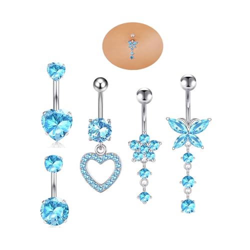 5PCS Crystal Belly Button Ring for Women Dangle Navel Belly Piercing Jewelry Cute Bow Butterfly Heart Angel wings Navel Belly Rings 14G Silver Surgical Steel Belly Button Stud - color: Bule-5pcs
