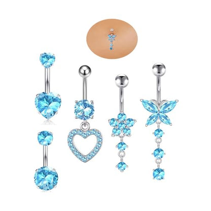 5PCS Crystal Belly Button Ring for Women Dangle Navel Belly Piercing Jewelry Cute Bow Butterfly Heart Angel wings Navel Belly Rings 14G Silver Surgical Steel Belly Button Stud - color: Bule-5pcs