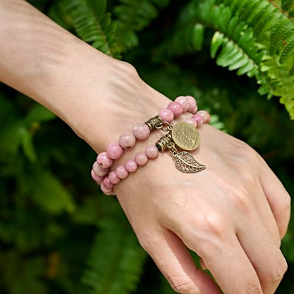 Bivei Natural Semi Precious Gemstone beads bracelet for women - Life Tree and Leaf Charm Energy Reiki Crystal Stretch Bracelets - color: Rhodochrosite Bracelet Set, size: Medium:6.8-7.24inch