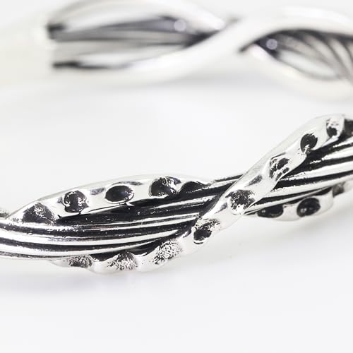 Innocence S925 Silver-Plated Antique Wide Feather Cuff Bracelet For Men Women Adjustable Retro Twisted Feathers Bracelets Gift Jewelry - color: Twisted