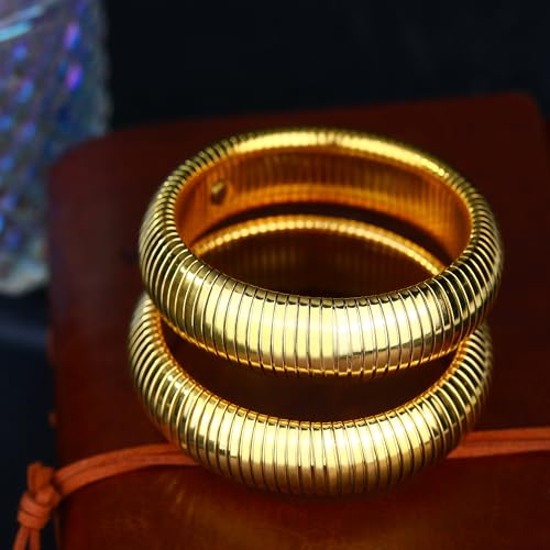 Gold Chunky Stretch Snake Chain Bangle Bracelets Stack for Women Trendy, 18K Gold Filled Stainless Steel Stretchy Womens Stackable Wristband Bangles Bracelet Set - style: 20MM 2PCS