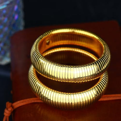Gold Chunky Stretch Snake Chain Bangle Bracelets Stack for Women Trendy, 18K Gold Filled Stainless Steel Stretchy Womens Stackable Wristband Bangles Bracelet Set - style: 20MM 2PCS