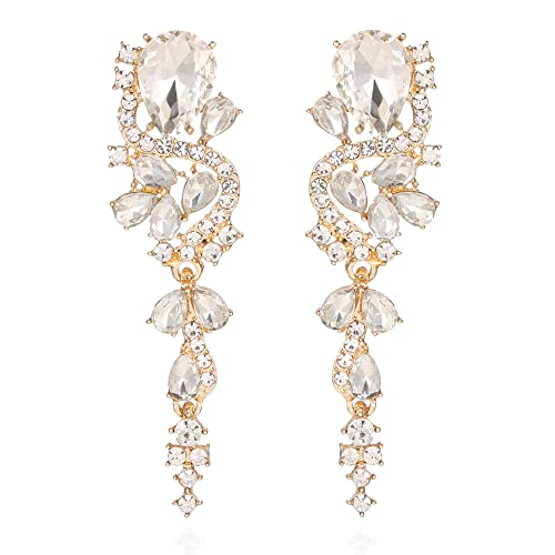Fashion Rhinestone Statement Drop Dangle Earrings Long Colorful Crystal Bridal Wedding Teardrop Chandelier Earrings for Women Prom Pageant - color: Clear-gold
