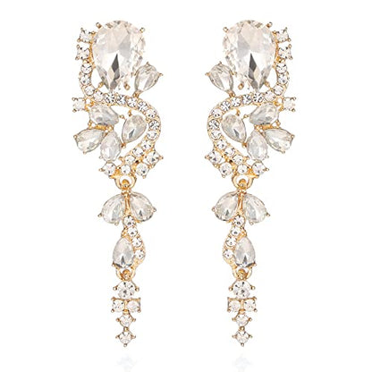 Fashion Rhinestone Statement Drop Dangle Earrings Long Colorful Crystal Bridal Wedding Teardrop Chandelier Earrings for Women Prom Pageant - color: Clear-gold