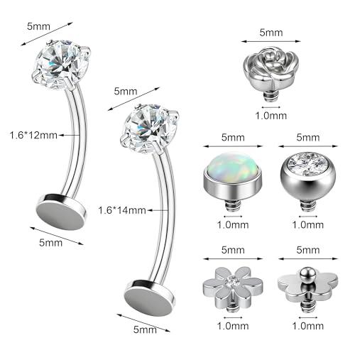 Belly Button Ring Set for Women, 14G 316L Steel Internally Threaded Navel Rings with Interchangeable Tops Opalite, CZ Star, Flower, Ball, 8-14MM Floating Cute Belly Piercing Jewelry Gold Silver - style: Silver - 14G（1.6mm）- 12/14mm