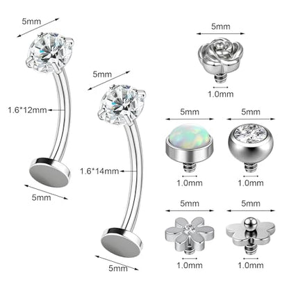 Belly Button Ring Set for Women, 14G 316L Steel Internally Threaded Navel Rings with Interchangeable Tops Opalite, CZ Star, Flower, Ball, 8-14MM Floating Cute Belly Piercing Jewelry Gold Silver - style: Silver - 14G（1.6mm）- 12/14mm