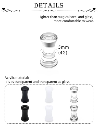 Ears Gauges Tunnels Plugs for Women Acrylic Solid Tunnel Ear Gauge Stretching Kit 6G to 1 1/4 Inch (4MM- 30MM) Expander Stretcher Plug Earrings Piercing Jewelry for Women Black White Clear - style: 4G, Black White Clear