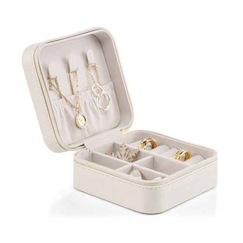 VLANDO Small Travel Jewelry Box Organizer Display Case for Girls Women Gift Rings Earrings Necklaces Storage, Beige - color: Beige