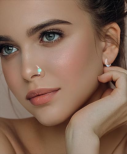 2 Pcs Small Cartilage Hoop Earrings for Women Men, 18G Opal Silver Earrings Hypoallergenic 316L Surgical Steel Hinge Huggie Hoop Earrings for Helix,Tragus,Conch,Rook,Earlobe Piercing Jewelry Nose Ring - style: 1Pc8mm+1Pc10mm Green Opal/Silver
