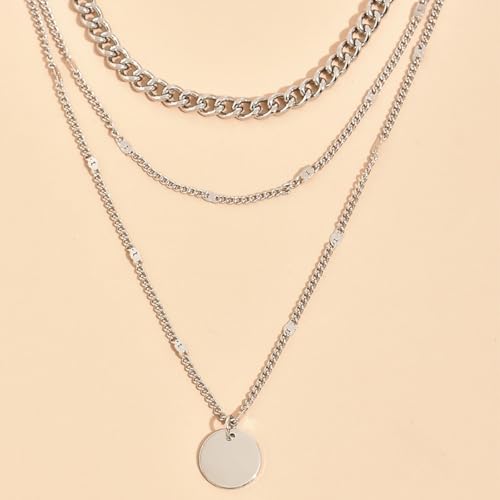 3Pcs Gold Circle Pendant Necklace Set Dainty Layered Stacked Pearls Chain Choker Necklace Trendy Birthday Jewelry Accessory Gift for Women - color: Silver Coin