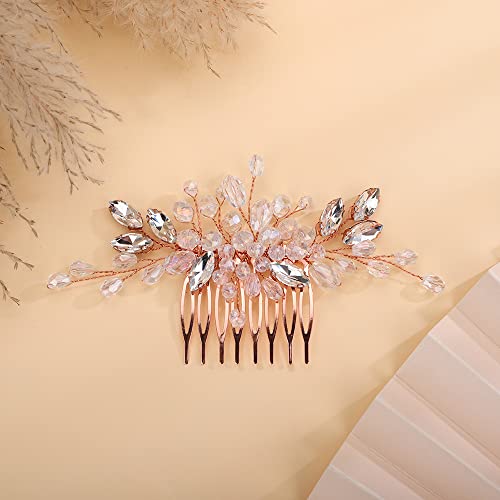 Teyglen Dainty Simple Rhinestone Wedding Hair Comb, Rose Gold - Luxurious Shiny Crystal Bridal Side Hair Pieces, Hair Accessories for Women and Girls - color: Rose Gold