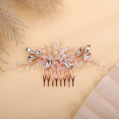 Teyglen Dainty Simple Rhinestone Wedding Hair Comb, Rose Gold - Luxurious Shiny Crystal Bridal Side Hair Pieces, Hair Accessories for Women and Girls - color: Rose Gold