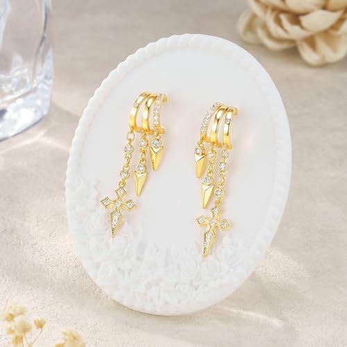Cicy Bell Gold Earrings For Women 18k Gold Plated Triple Dangle Earrings | Hypoallergenic Drop Huggie Earrings Small Hoop Statement Chain Tassel Earrings Trendy Jewelry Gifts - color: Style B-Gold