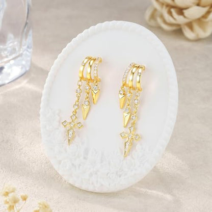 Cicy Bell Gold Earrings For Women 18k Gold Plated Triple Dangle Earrings | Hypoallergenic Drop Huggie Earrings Small Hoop Statement Chain Tassel Earrings Trendy Jewelry Gifts - color: Style B-Gold