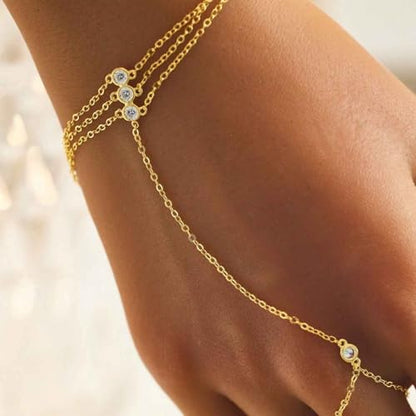 925 Sterling Silver Hand Chain Bracelet for Women | 14k Gold Plated CZ Crystal Heart Starburst Ring Bracelets Hand Chain Diamond Layered Stackable Link Chain Beach Jewelry Gifts - color: Gold