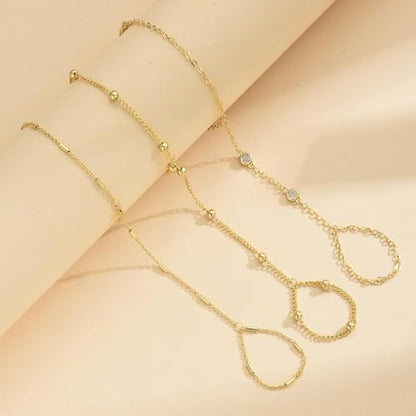 3PCS 14K Gold-Plated Hand Chain Bracelets for Women, Stack Bracelets Set Adjustable, Trendy Dainty Ring Bracelet Hand Chain - color: gold-5-trendy