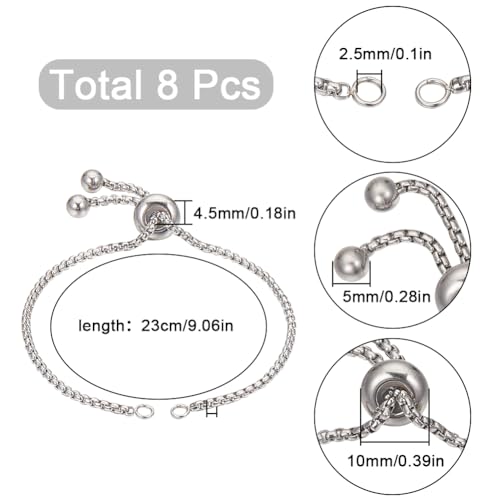 SUNNYCLUE 1 Box 8Pcs Slider Bracelet Chain Adjustable Slider Chain Bulk 304 Stainless Steel Bracelets Extenders with Ball Ends for Jewelry Making DIY Supplies - color: Silver Box Chain, Round Ball End