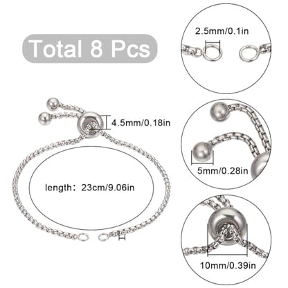 SUNNYCLUE 1 Box 8Pcs Slider Bracelet Chain Adjustable Slider Chain Bulk 304 Stainless Steel Bracelets Extenders with Ball Ends for Jewelry Making DIY Supplies - color: Silver Box Chain, Round Ball End