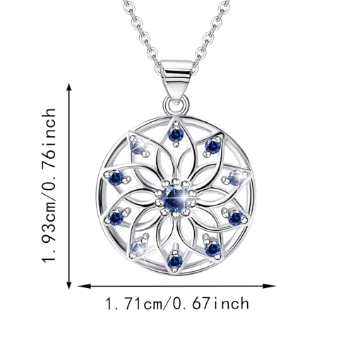 Sterling Silver Flower Necklace for Women, Sparkly Blue Cubic Zirconia Pendant Necklace, Hypoallergenic, Adjustable, Elegant Floral Jewelry Gifts for Wife Mother