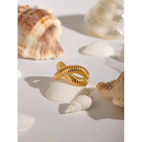 Minimalist Textured Twist Chunky Statement Ring,Gold Plated Stainless Steel Open Ribbed Band Stackable Chic Style Ring for Women - style: Style F