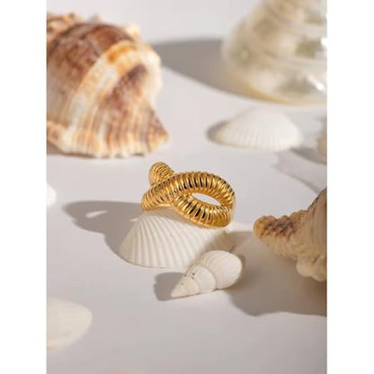 Minimalist Textured Twist Chunky Statement Ring,Gold Plated Stainless Steel Open Ribbed Band Stackable Chic Style Ring for Women - style: Style F