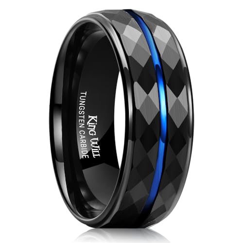 King Will Men's Tungsten Carbide Wedding Ring Hammered Groove Wedding Band Mens Two Tone Engagement Ring for Men and Women Matte Brushed Finish Comfort Fit - color: 8mm Black & Blue Groove