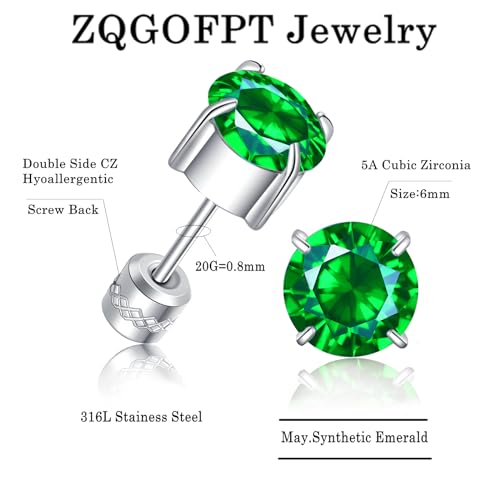 Titanium Flat Back Surgical Stainless Steel Stud Earrings for Women Men,Birthstone Stud Earrings Hypoallergenic Double Side 5A Cubic Zirconia Studs Jewelry 6mm - color: May (Emerald)