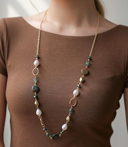 Long Gold Necklaces for Women Trendy Beaded Chain Necklace Chunky Costume Jewelry Gifts for Her - color: Green Agate