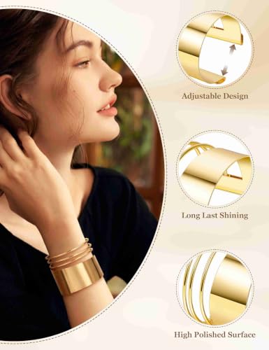 2 Pcs Gold Cuff Bangle Bracelet Set for Women Irregular Minimalist Statement Bangle Bracelets Wide Open Chunky Wire Bracelets Wrist Cuff Adjustable Hammered Bracelet - color: Gold F