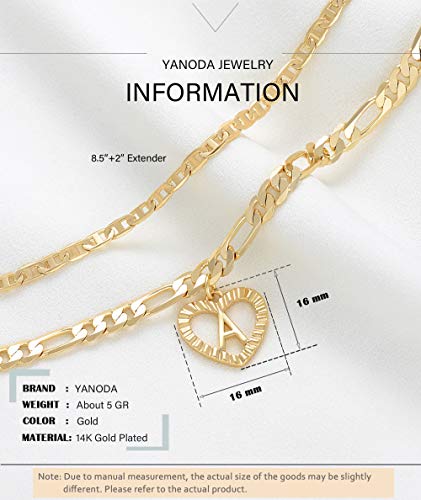 YANODA Initial Ankle Bracelets for Women 14K Gold Plated Layered Figaro Chain Letter Initial Anklets Handmade Layered Heart Ankle Bracelets Personalized Jewelry for Women - color: E