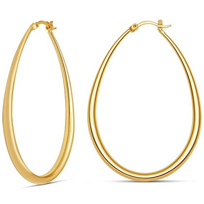 Milla Oval Hoop Earrings for Women | Elegant Polished 14K Gold, Rose Gold or Silver Plated Hoops with Secure Latch Closure, Hypoallergenic & Lightweight - color: 14K Gold Plated / 2.2 in - MEDIUM