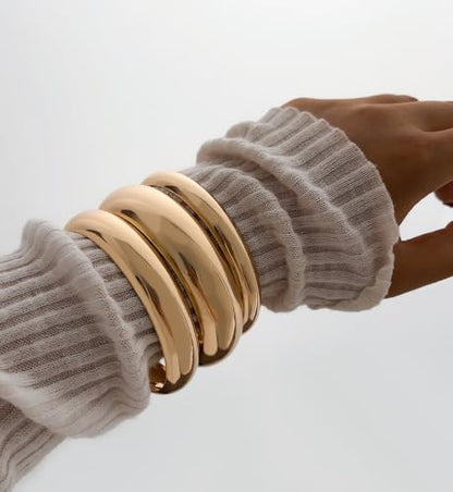 Chunky Gold Bangle Bracelets for Women, Dainty 14k Gold Plated Big Stackable Bangles Set, Trendy Statement Cuff Bracelet Stack Fashion Jewelry Gifts - style: 3 Thick gold bangles
