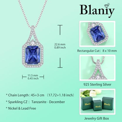 Created Gemstone Necklace 925 Sterling Silver Halo Rectangular Pendant Birthstone Necklaces Jewelry Gifts for Women - color: 12 December - Tanzanite