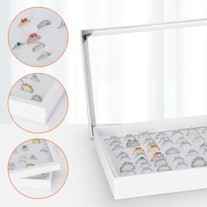 KUKUVR 100 Slots Ring Earring Holder Display Case (White) | Velvet, Clear Lid, Ring Earring Storage Organizer Box Tray, for Women and Selling Show - color: White