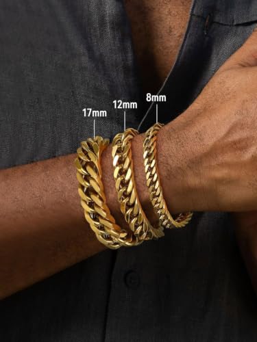 FaithHeart Mens Stainless Steel Cuban Link Bracelet, Tarnish Resistant | 6/8/12/17mm Silver/Black/Gold Sturdy Hip Hop Wrist Chain Bracelets Daily Wear with Gift Box, 7.5"/8.3"/9.1" Length - color: Gold-12mm Width, size: Length 7.5 Inches