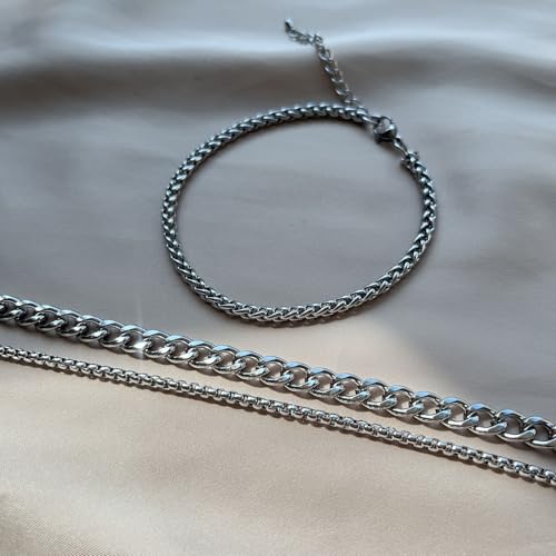 Silver Ankle Bracelets for Women Waterproof Stainless Steel Anklet Adjustable Layered Cuban Silver Anklets Set Summer Beach Foot Jewelry Gift - color: Silver