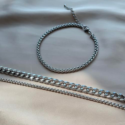 Silver Ankle Bracelets for Women Waterproof Stainless Steel Anklet Adjustable Layered Cuban Silver Anklets Set Summer Beach Foot Jewelry Gift - color: Silver