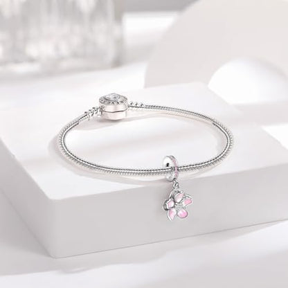 925 Sterling Silver Charms fits Bracelets and Necklace Pendant Bead Charms Jewelry Gift for Women Family Friends - style: Cherry Blossom Pink Charm