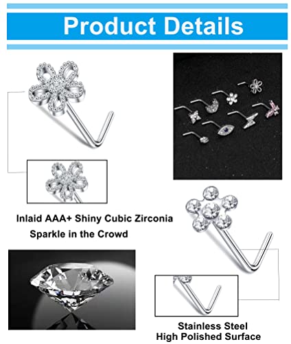 9Pcs Nose Rings Stud L Bone Screw Shaped Nose Ring Flower CZ Snowflake Butterfly Screw Nose Stud Body Piercing Jewelry for Women Men 20G Silver Gold Rose Gold Tone - color: F:Silver Tone&L Shaped