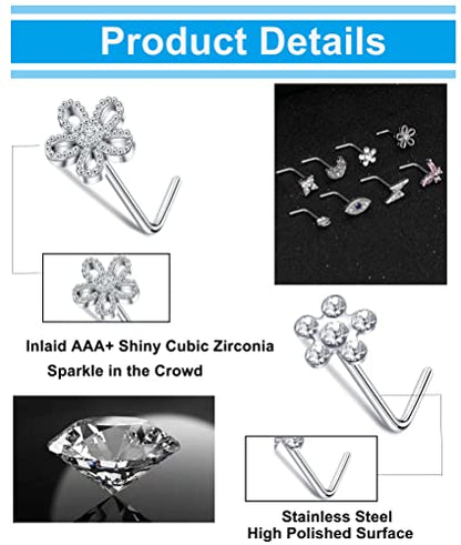 9Pcs Nose Rings Stud L Bone Screw Shaped Nose Ring Flower CZ Snowflake Butterfly Screw Nose Stud Body Piercing Jewelry for Women Men 20G Silver Gold Rose Gold Tone - color: F:Silver Tone&L Shaped