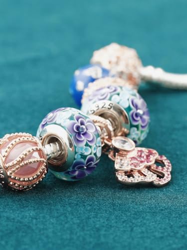 2pcs Authentic 925 Silver Murano Glass Flower Charms for Pandora Bracelets - color: 01-Purple flowers