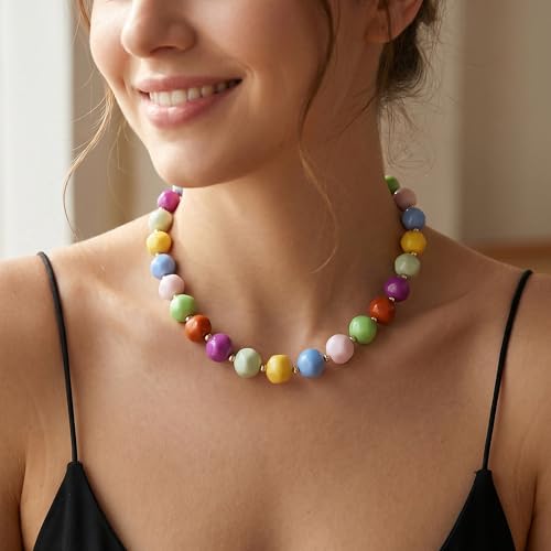 HESSAWEEL Colorful Chunky Beaded Necklace for Women Beach Jewelry | Summer Statement Choker, Adjustable Lobster Necklace, Handmade Boho Acrylic Jewelry - color: Mixed